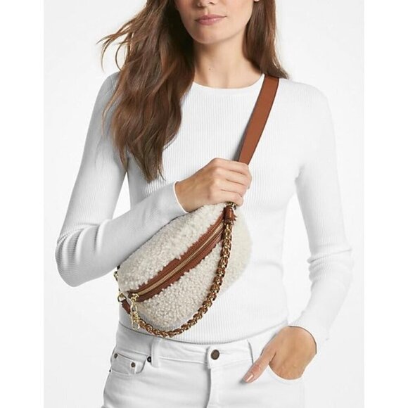 NWT MICHAEL KORS Sling Sherpa Gold Chain Messenger Handbag with Leather Trim - Picture 9 of 12